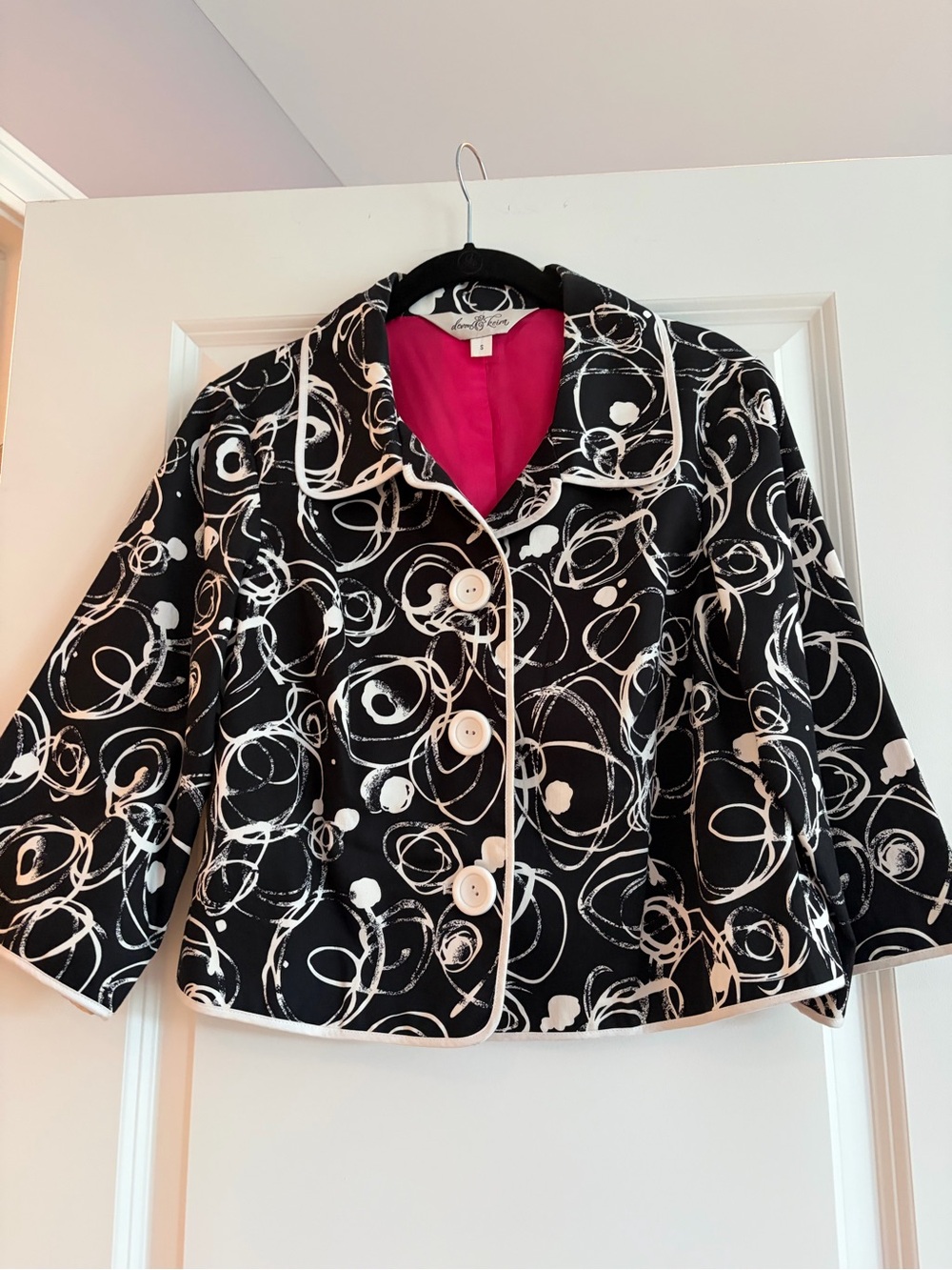 Devon Keira Women's Black & White Printed Boxy Jacket with Pink Lining